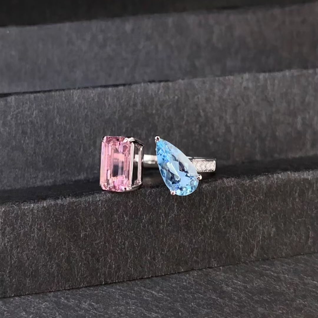 14k Gold 2.75 Ctw Natural Morganite & Aquamarine Ring: Ref:231061176 // gold content:14k gold // ring size:7. 25us // // main gemstone:morganite // shape:octagonal // carat weight:1. 7ct // color:pink // treatment:natural // // adjacent gemstone 2 :