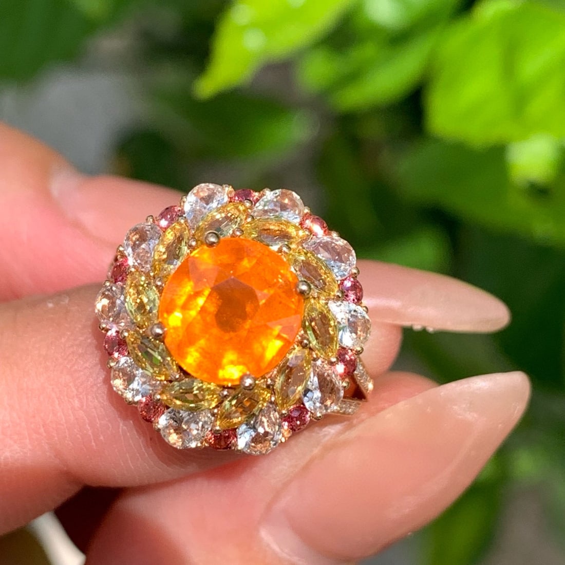 14k Gold 3.05 Ct Natural Spessartine & Diamond & Coloured Gemstone Ring: Ref:231061177 // gold content:14k gold // ring size:7. 25us // // main gemstone:spessartine // shape:round // carat weight:3. 05ct // color:orange // treatment:natural // cut grade:g // // adjacent ge