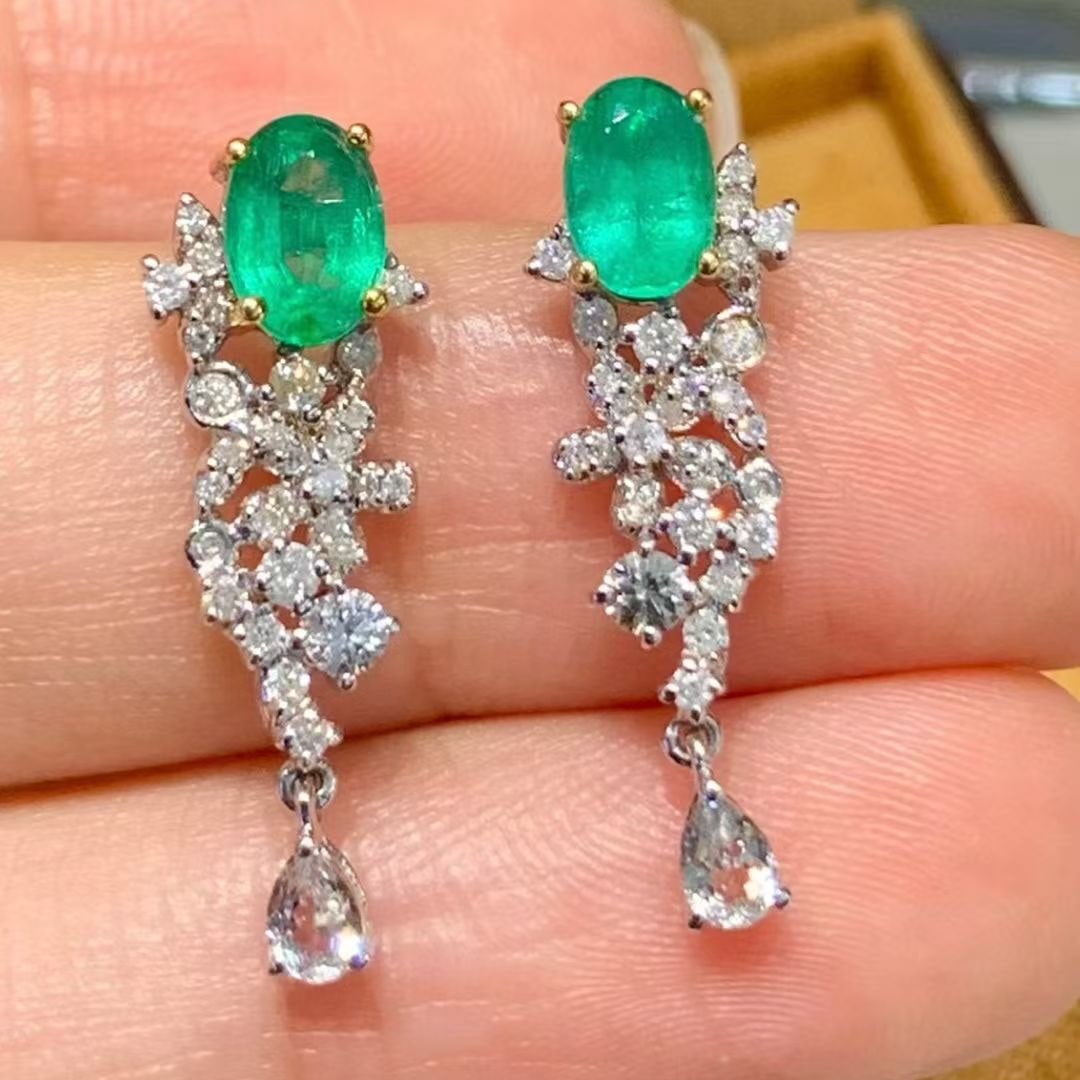 14k Gold 1 Ct Natural Emerald & Diamond & Sapphire Earrings - 2