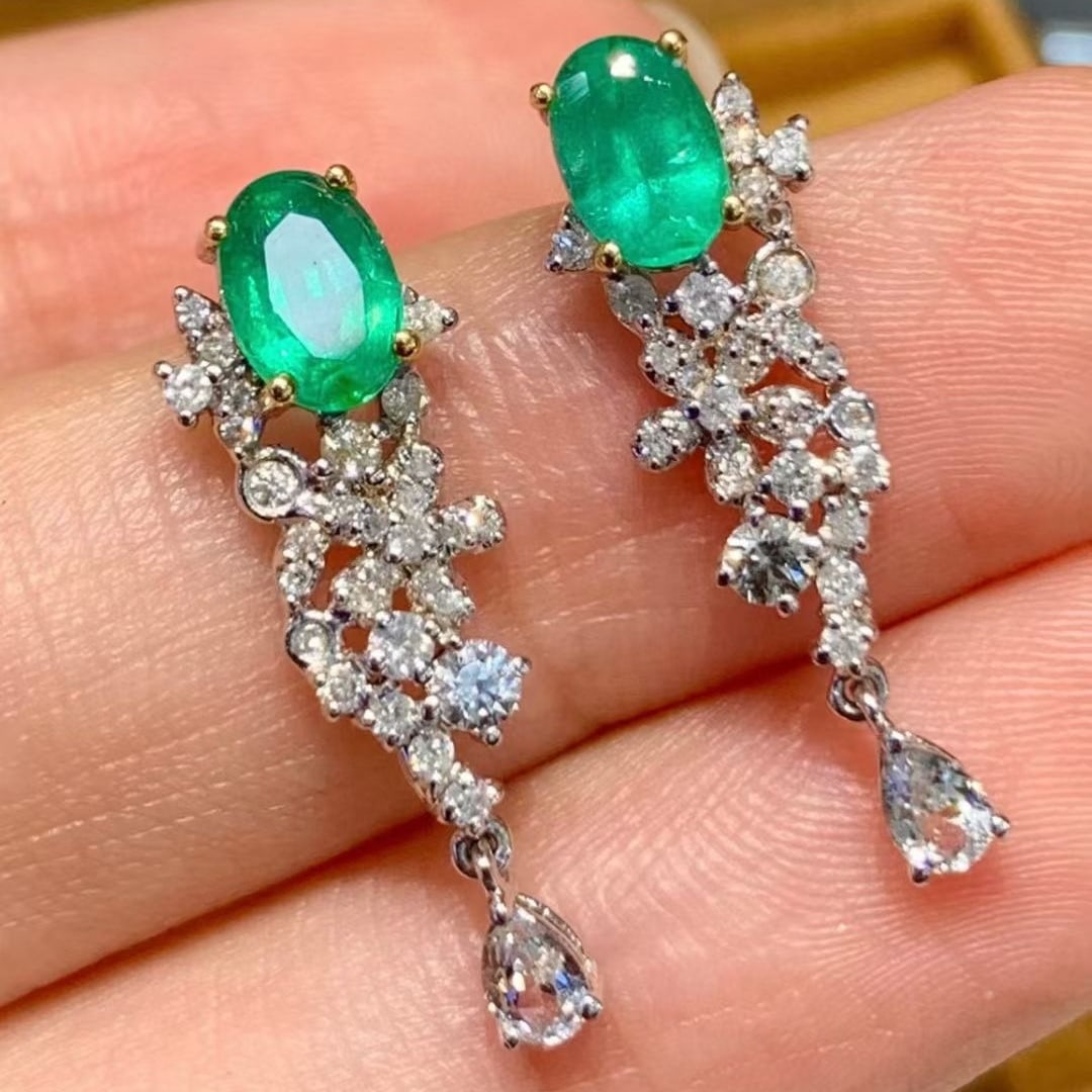 14k Gold 1 Ct Natural Emerald & Diamond & Sapphire Earrings - 5