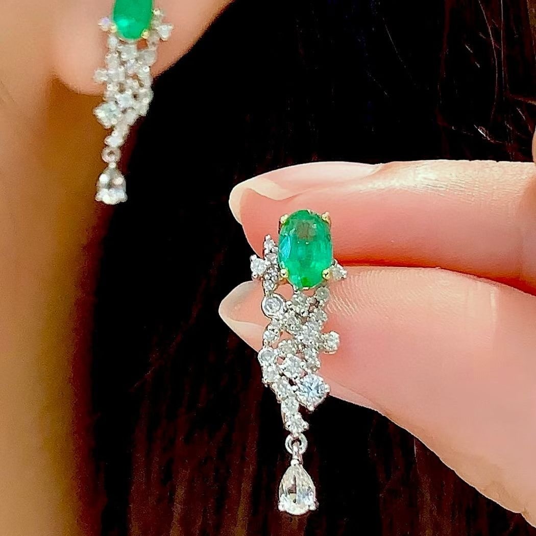 14k Gold 1 Ct Natural Emerald & Diamond & Sapphire Earrings - 6