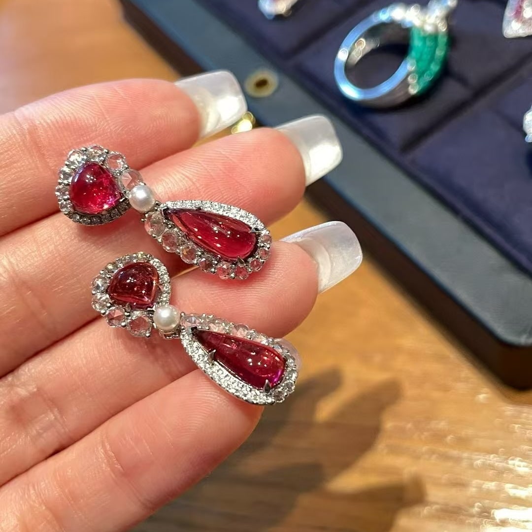 14k Gold 4.6 Ct Natural Tourmaline & Diamond & Sapphire Earrings - 2