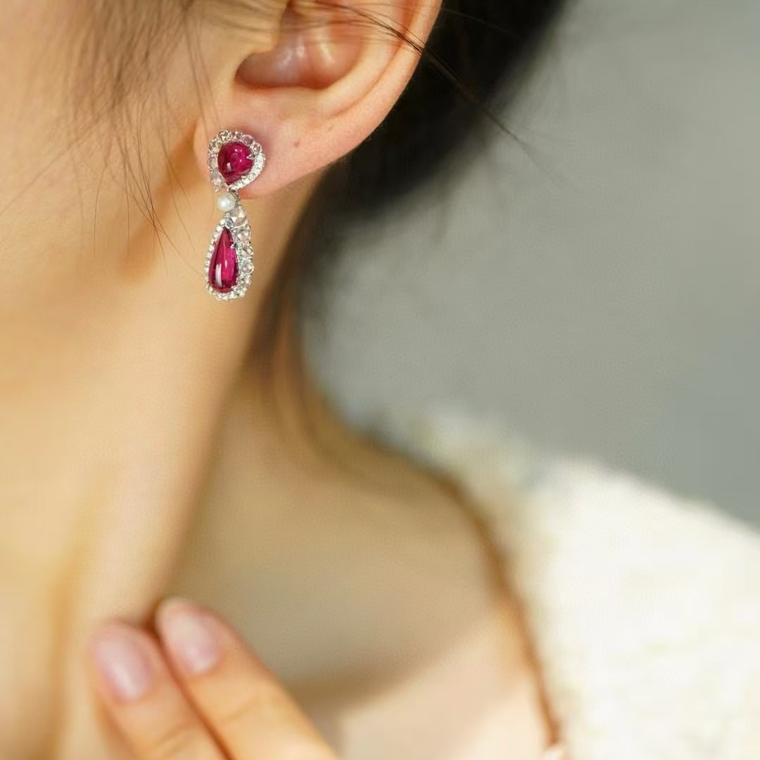 14k Gold 4.6 Ct Natural Tourmaline & Diamond & Sapphire Earrings - 3