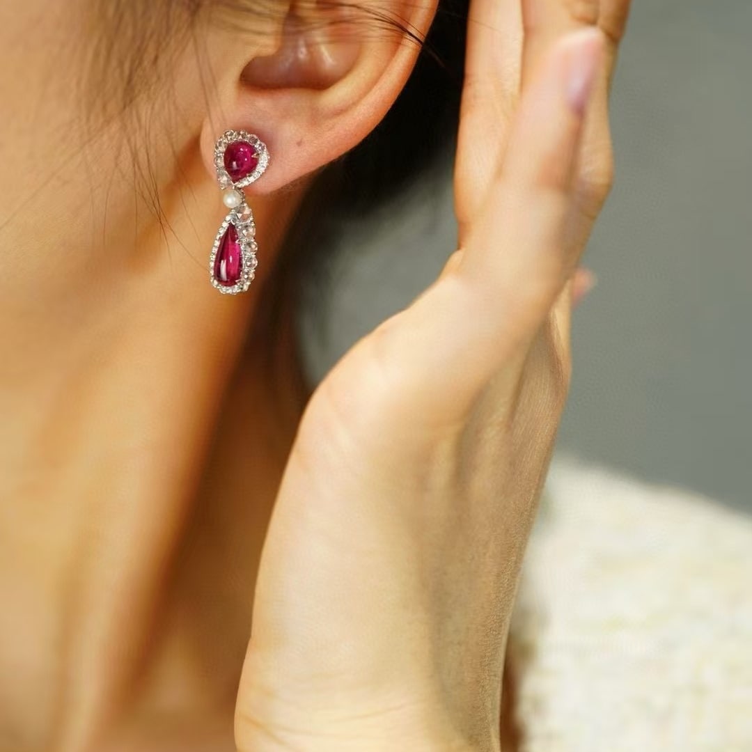 14k Gold 4.6 Ct Natural Tourmaline & Diamond & Sapphire Earrings - 4