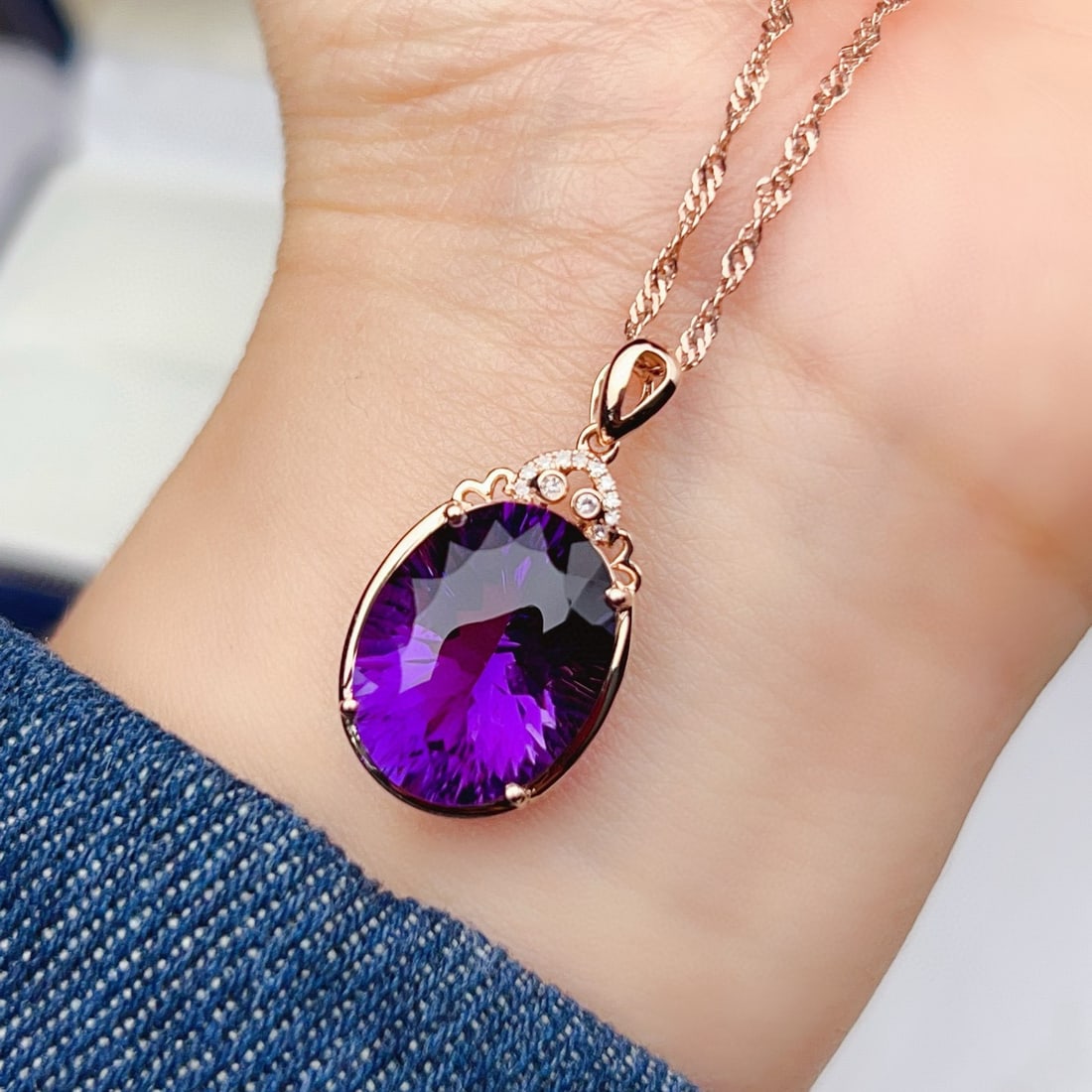 14k Gold 8.14 Ctw Natural Amethyst & Diamond Pendant( Without Chain ) - 2