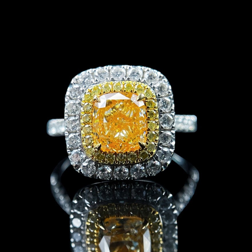 Gia Certified 14k Gold 2.08 Ctw Natural Yellow Diamond & Diamond Ring: Ref:231062054 // gold content:14k gold // ring size:7. 25us // // main gemstone:yellow diamond // certified:gia // shape:cushion // carat weight:1. 30ct // clarity grade:si2 // color:yellow //