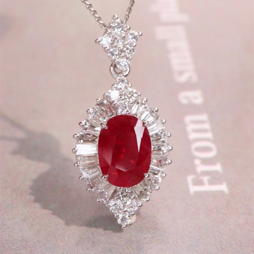 14k Gold 2.78 Ctw Natural Ruby & Diamond Pendant( Without Chain ): Ref:231062074 // gold content:14k gold // main gemstone:ruby // shape:oval // carat weight:1. 88ct // color:pigeonblood red // treatment:natural // // adjacent gemstone 2 : diamond //