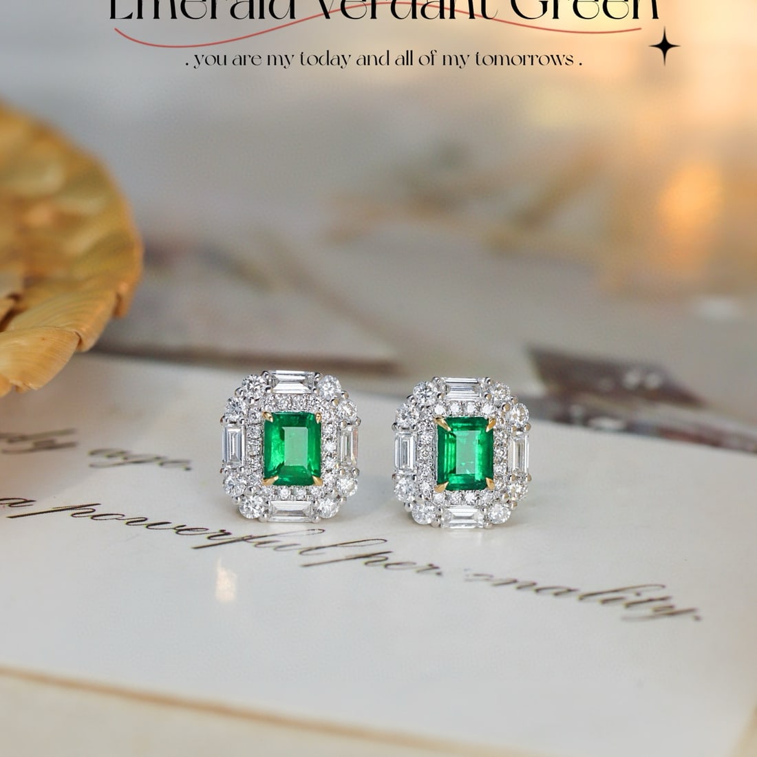14k Gold 1.24 Ctw Vivid Green Natural Emerald & Diamond Earrings: Ref:231062084 // gold content:14k gold // main gemstone:emerald // shape:octagonal // carat weight:0. 62ct // color:vivid green // treatment:natural // // adjacent gemstone 2 : diamond //