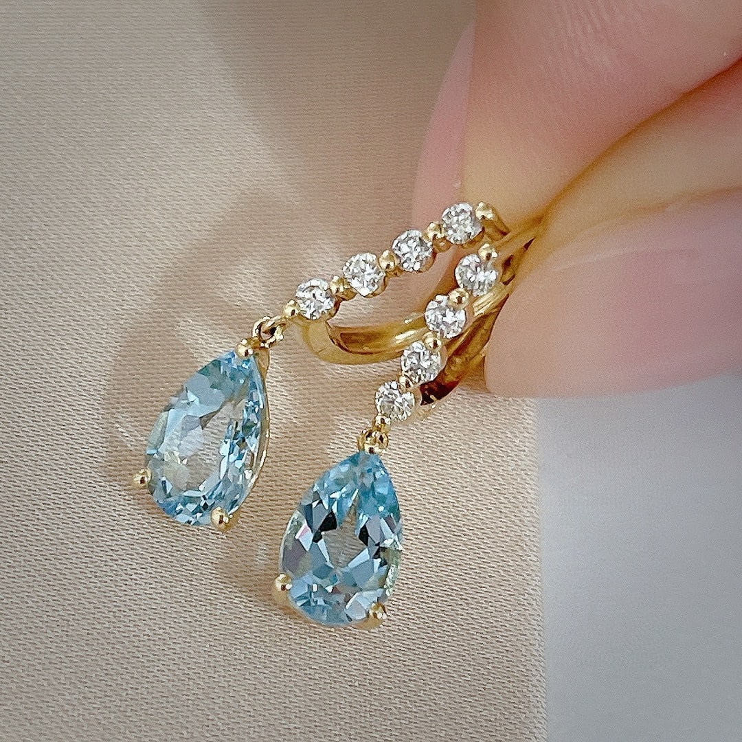 14k Gold 1.4 Ct Natural Aquamarine & Diamond Earrings - 4