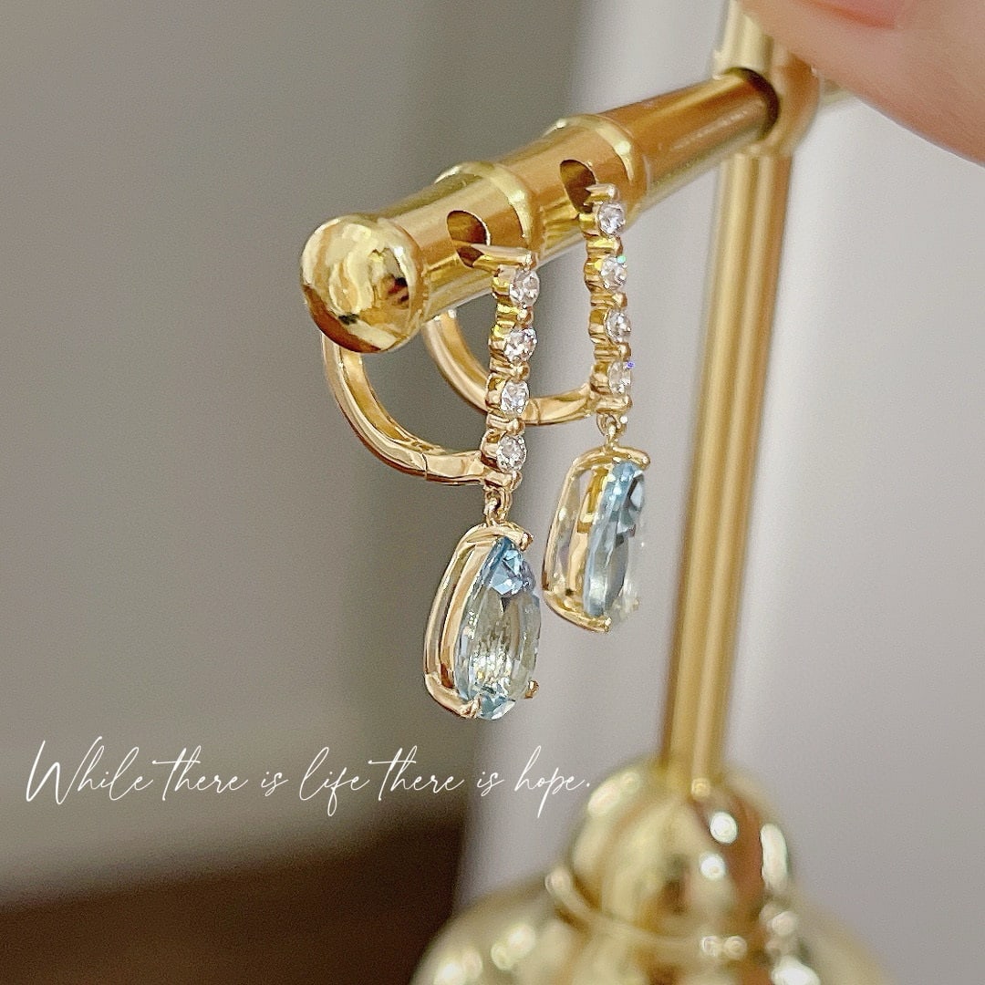 14k Gold 1.4 Ct Natural Aquamarine & Diamond Earrings - 6