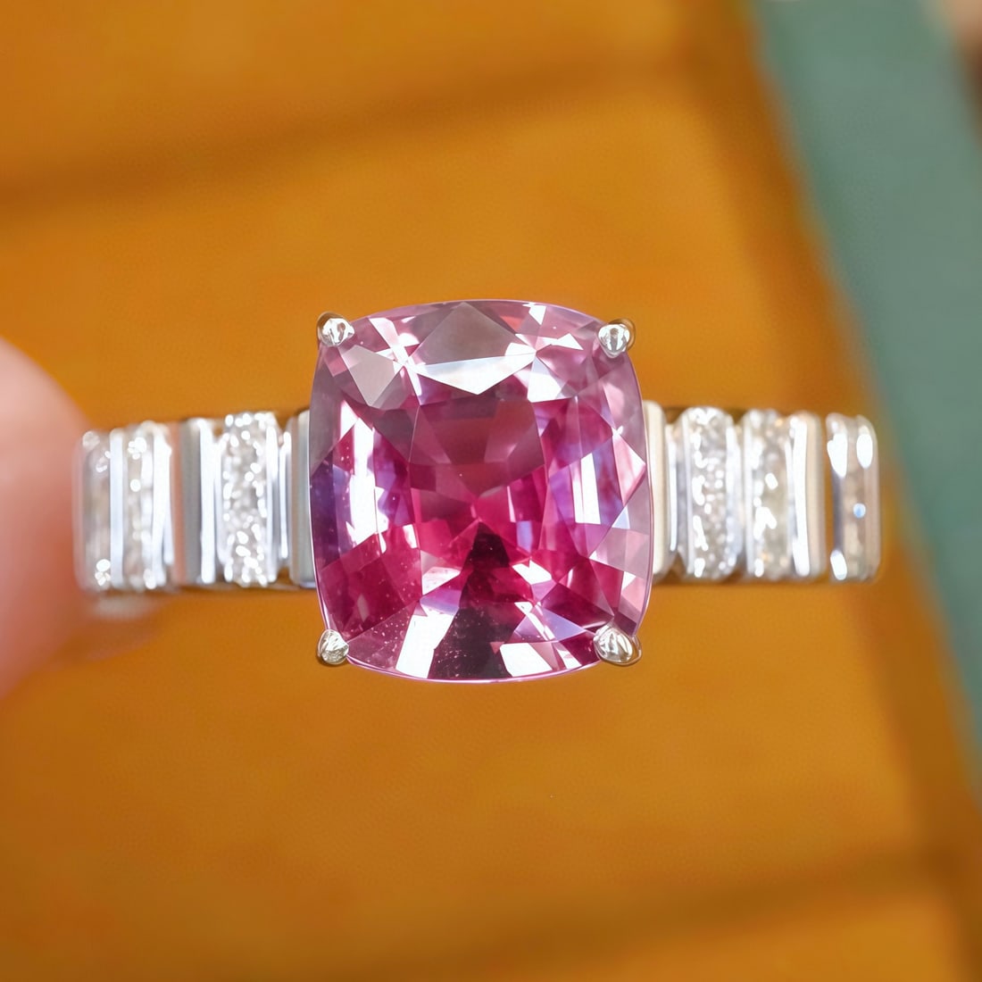 14k Gold 2.10 Ctw Natural Sapphire & Diamond Ring: Ref:231062110 // gold content:14k gold // ring size:7. 25us // // main gemstone:sapphire // shape:cushion // carat weight:2. 03ct // color:pink // treatment:natural // // adjacent gemstone 2 : diamond