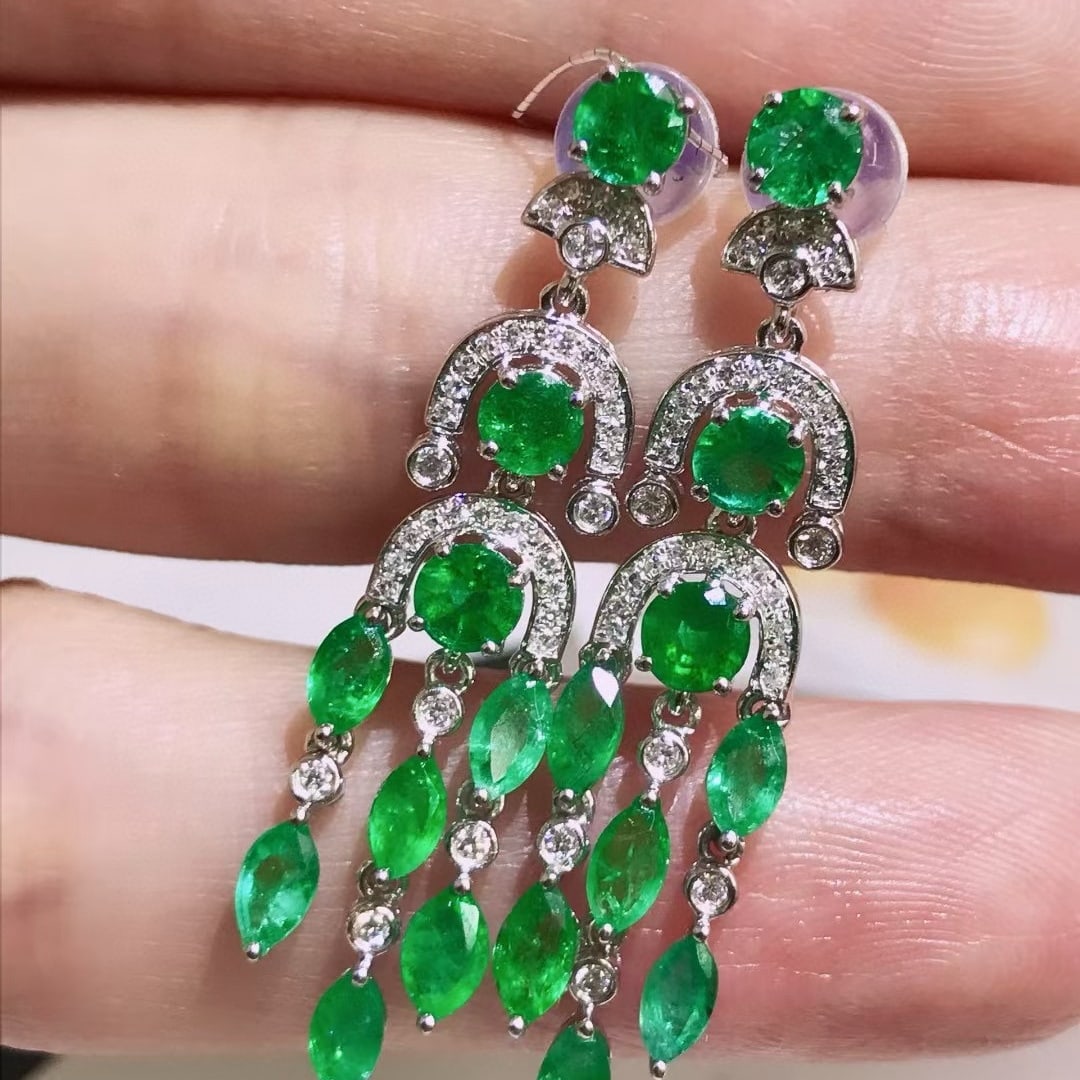 14k Gold 3.51 Ctw Vivid Green Natural Emerald & Diamond Earrings - 2