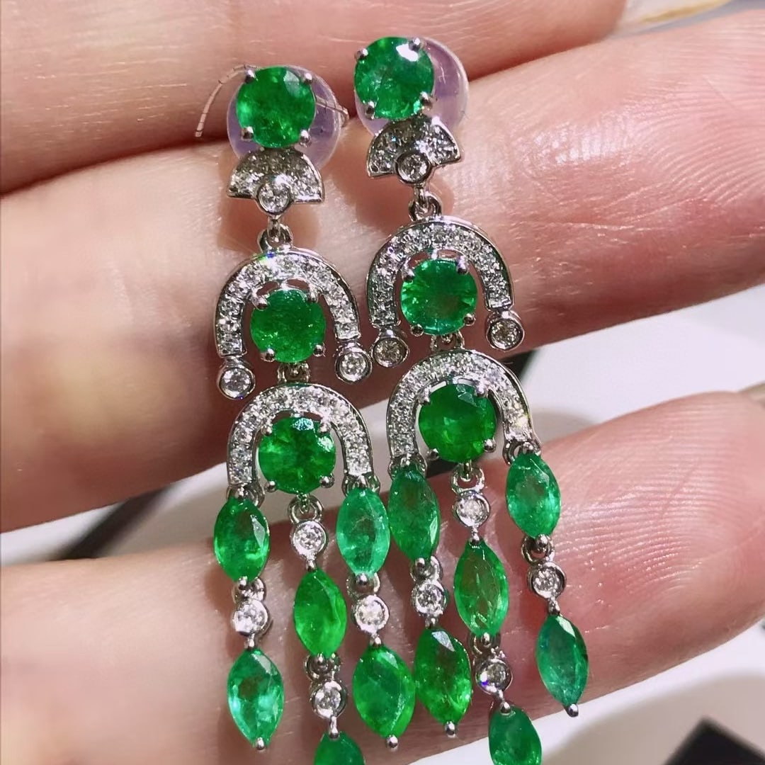 14k Gold 3.51 Ctw Vivid Green Natural Emerald & Diamond Earrings - 3