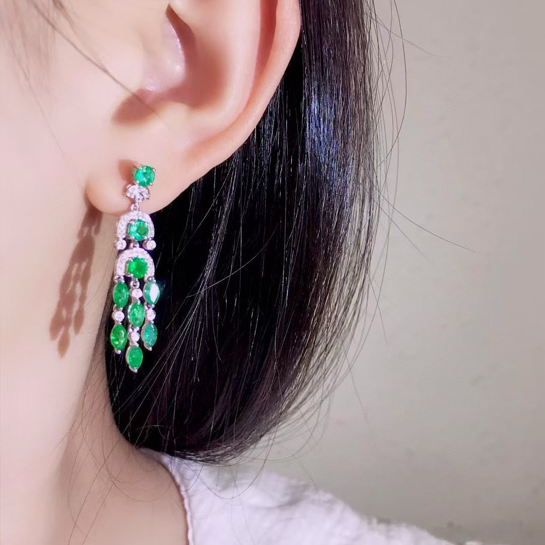 14k Gold 3.51 Ctw Vivid Green Natural Emerald & Diamond Earrings - 4