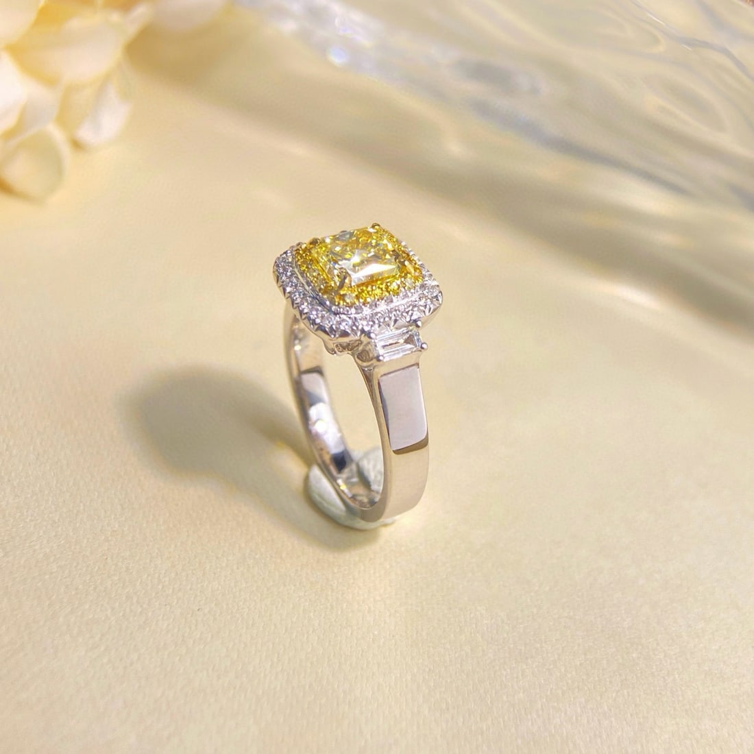Gia Certified 14k Gold 1.47 Ctw Natural Yellow Diamond & Diamond Ring: Ref:231062162 // gold content:14k gold // ring size:7. 25us // // main gemstone:yellow diamond // certified:gia // shape:radiant // carat weight:1. 08ct // clarity grade:vs2 // color:yellow //