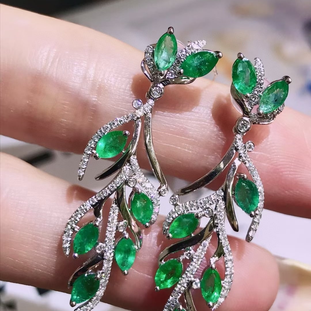 14k Gold 3.28 Ctw Natural Emerald & Diamond Earrings - 2