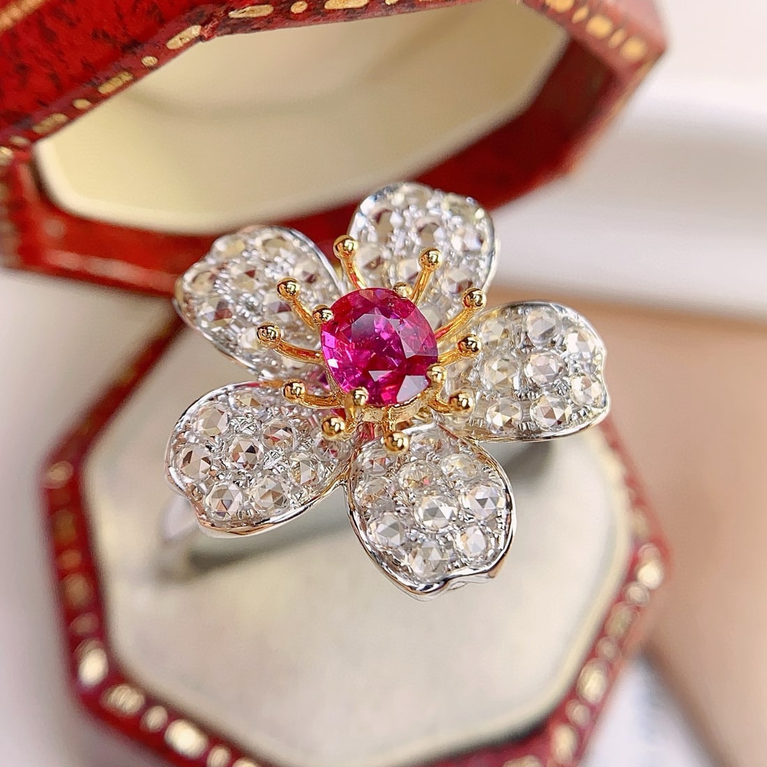 14k Gold 0.75 Ct Natural Ruby & Sapphire & Flowers Ring/pendant( Without Chain ): Ref:231062226 // gold content:14k gold // ring size:7. 25us // // main gemstone:ruby // shape:oval // carat weight:0. 75ct // color:red // treatment:natural // // adjacent gemstone 2 : sapphire //