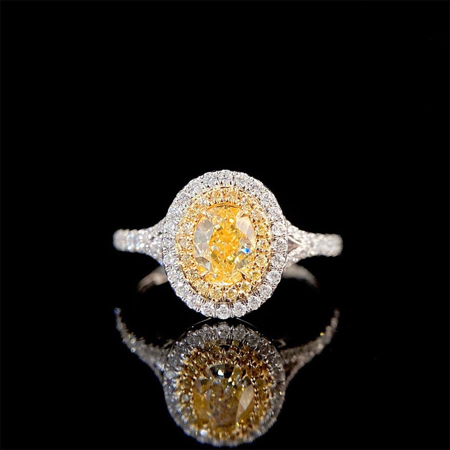 14k Gold 1.06 Ctw Natural Yellow Diamond & Diamond Ring: Ref:231062249 // gold content:14k gold // ring size:7. 25us // // main gemstone:yellow diamond // shape:oval // carat weight:0. 7ct // color:yellow // treatment:natural // // adjacent gemstone 2 :