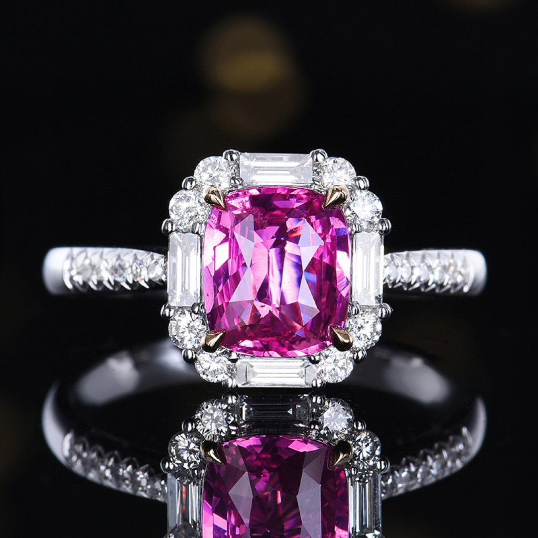 14k Gold 2.04 Ctw Natural Sapphire & Diamond Ring: Ref:231062258 // gold content:14k gold // ring size:7. 25us // // main gemstone:sapphire // shape:cushion // carat weight:1. 6ct // color:pink // treatment:natural // // adjacent gemstone 2 : diamond