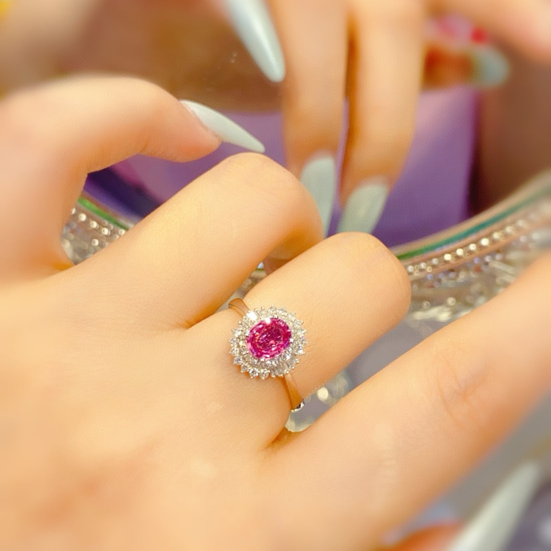 14k Gold 0.7 Ct Natural Padparadscha Sapphire & Diamond Ring - 3