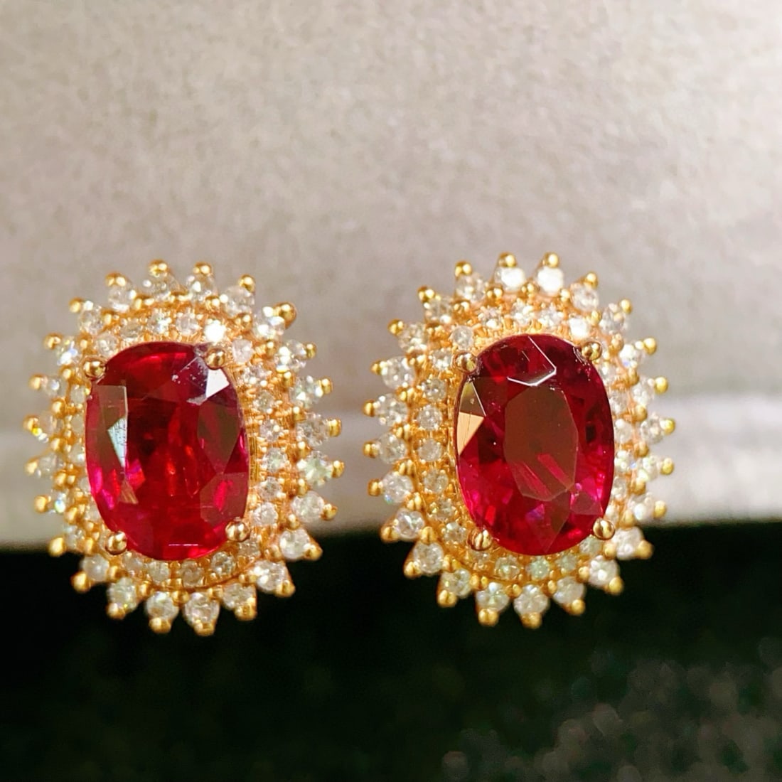 14k Gold 1.98 Ctw Natural Tourmaline & Diamond Earrings: Ref:231062292 // gold content:14k gold // main gemstone:tourmaline // shape:oval // carat weight:1. 6ct // color:red // treatment:natural // // adjacent gemstone 2 : diamond // number of stones:96