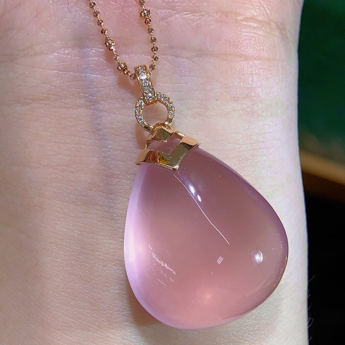 14k Gold 10.23 Ct Natural Rose Quartz & Diamond Pendant( Without Chain ) - 2