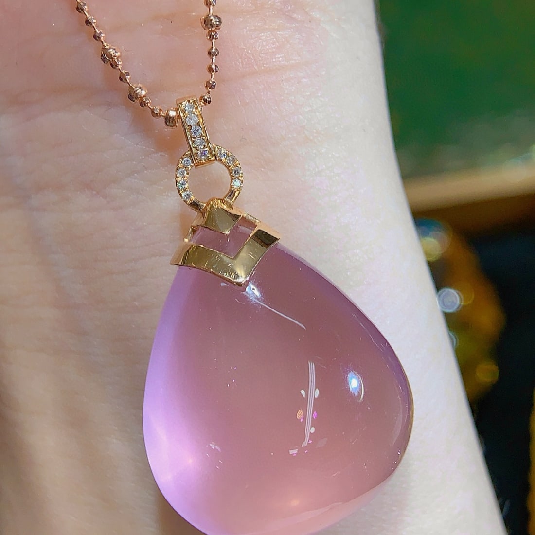 14k Gold 10.23 Ct Natural Rose Quartz & Diamond Pendant( Without Chain ) - 4