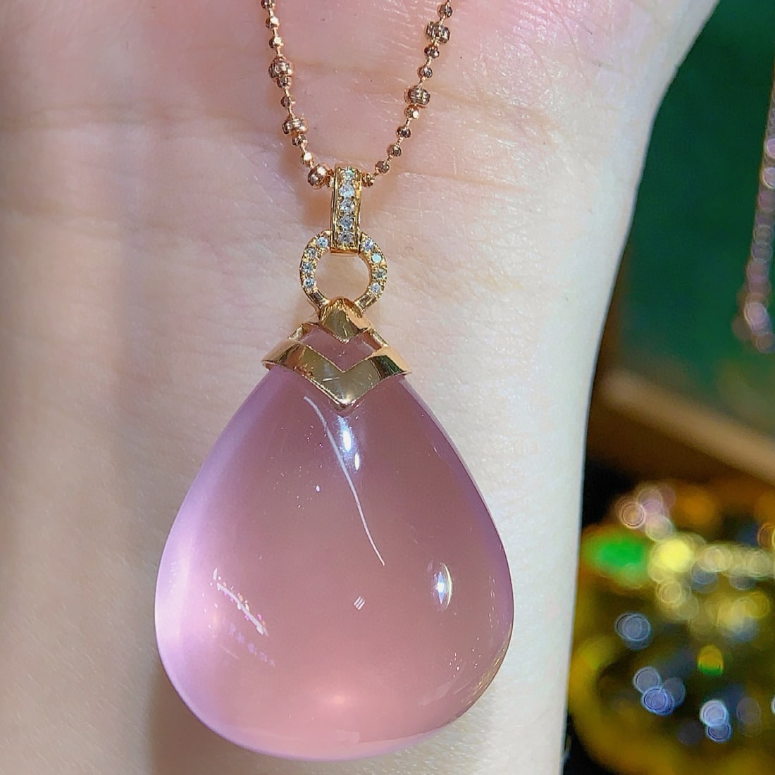 14k Gold 10.23 Ct Natural Rose Quartz & Diamond Pendant( Without Chain ) - 5