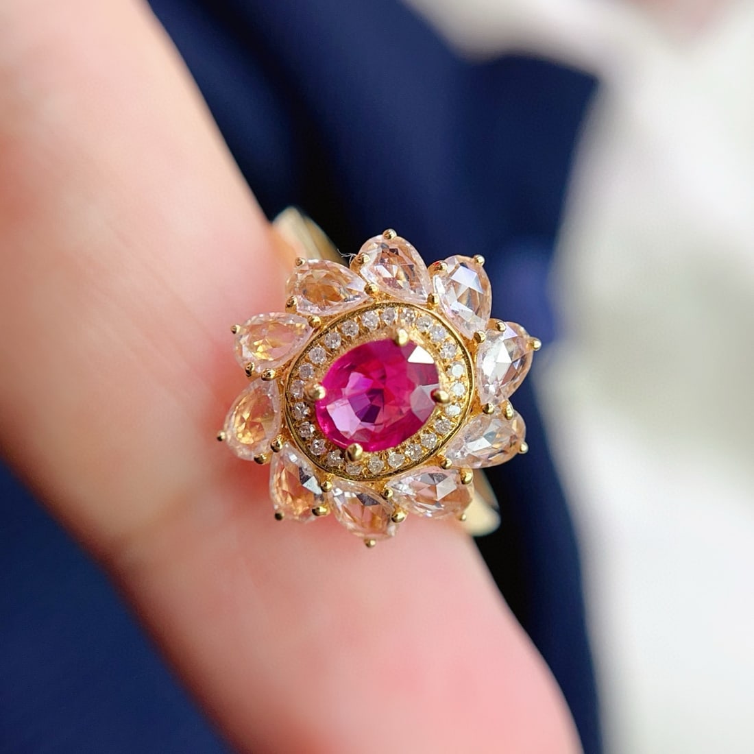 14k Gold 0.82 Ct Natural Ruby & Diamond & Sapphire Ring - 4