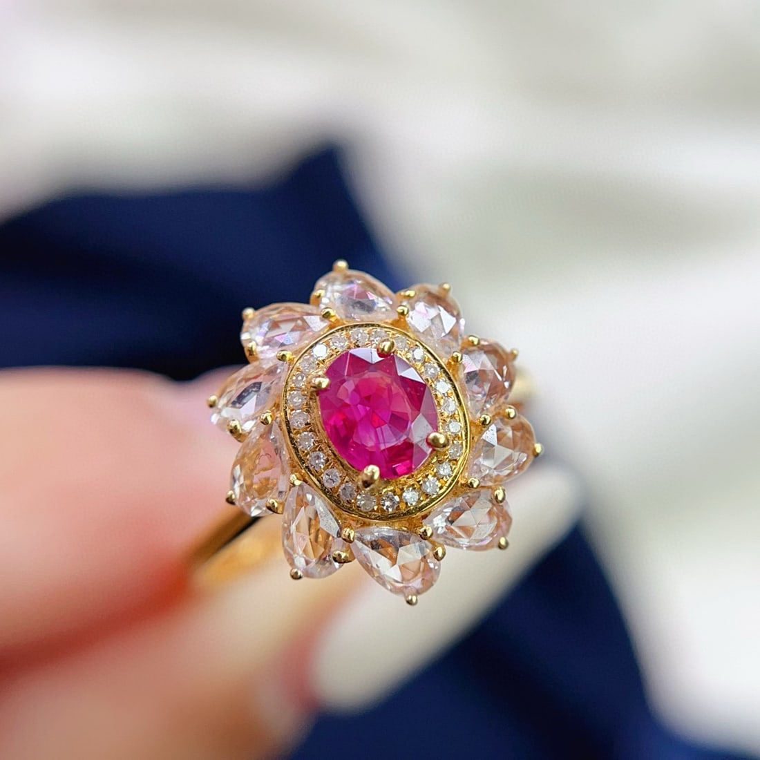 14k Gold 0.82 Ct Natural Ruby & Diamond & Sapphire Ring - 5