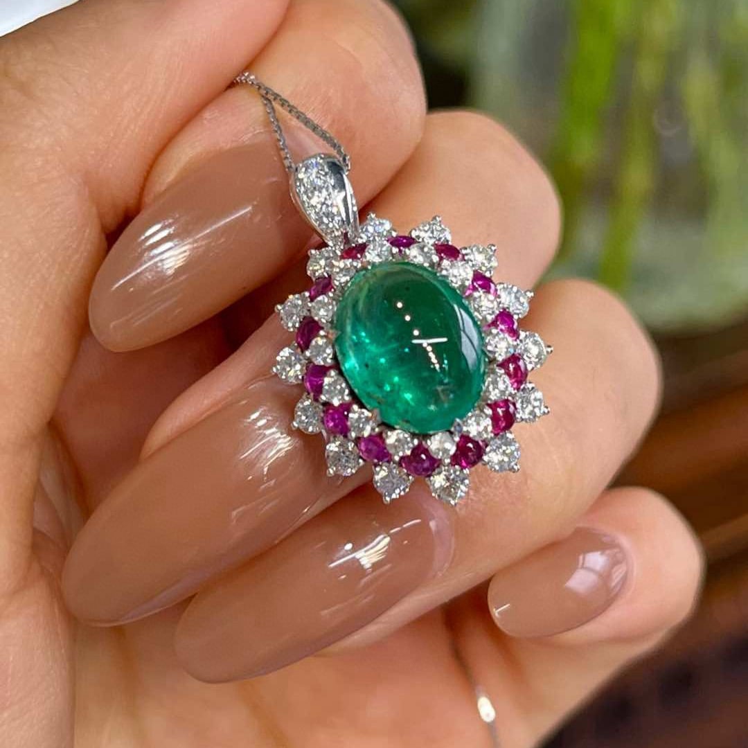 14k Gold 6.89 Ctw Vivid Green Natural Emerald & Spinel Pendant( Without Chain ) - 2