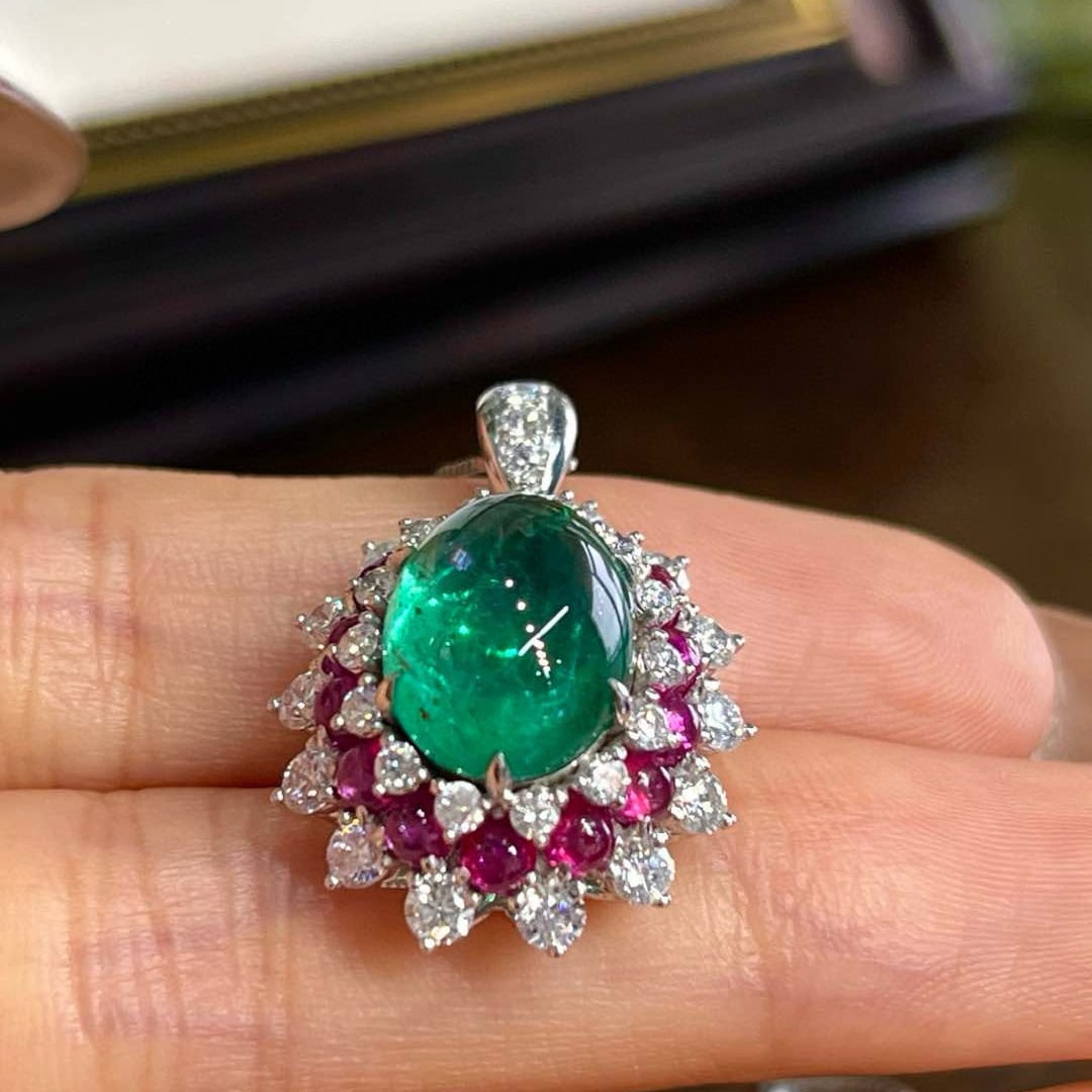 14k Gold 6.89 Ctw Vivid Green Natural Emerald & Spinel Pendant( Without Chain ) - 3