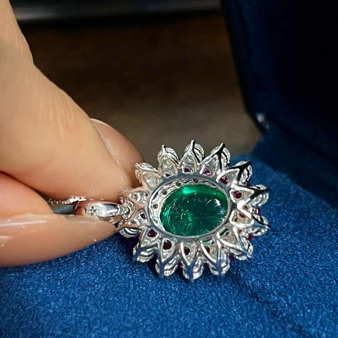 14k Gold 6.89 Ctw Vivid Green Natural Emerald & Spinel Pendant( Without Chain ) - 4