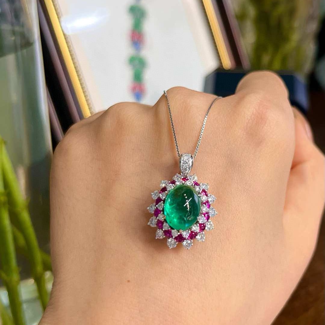 14k Gold 6.89 Ctw Vivid Green Natural Emerald & Spinel Pendant( Without Chain ) - 6