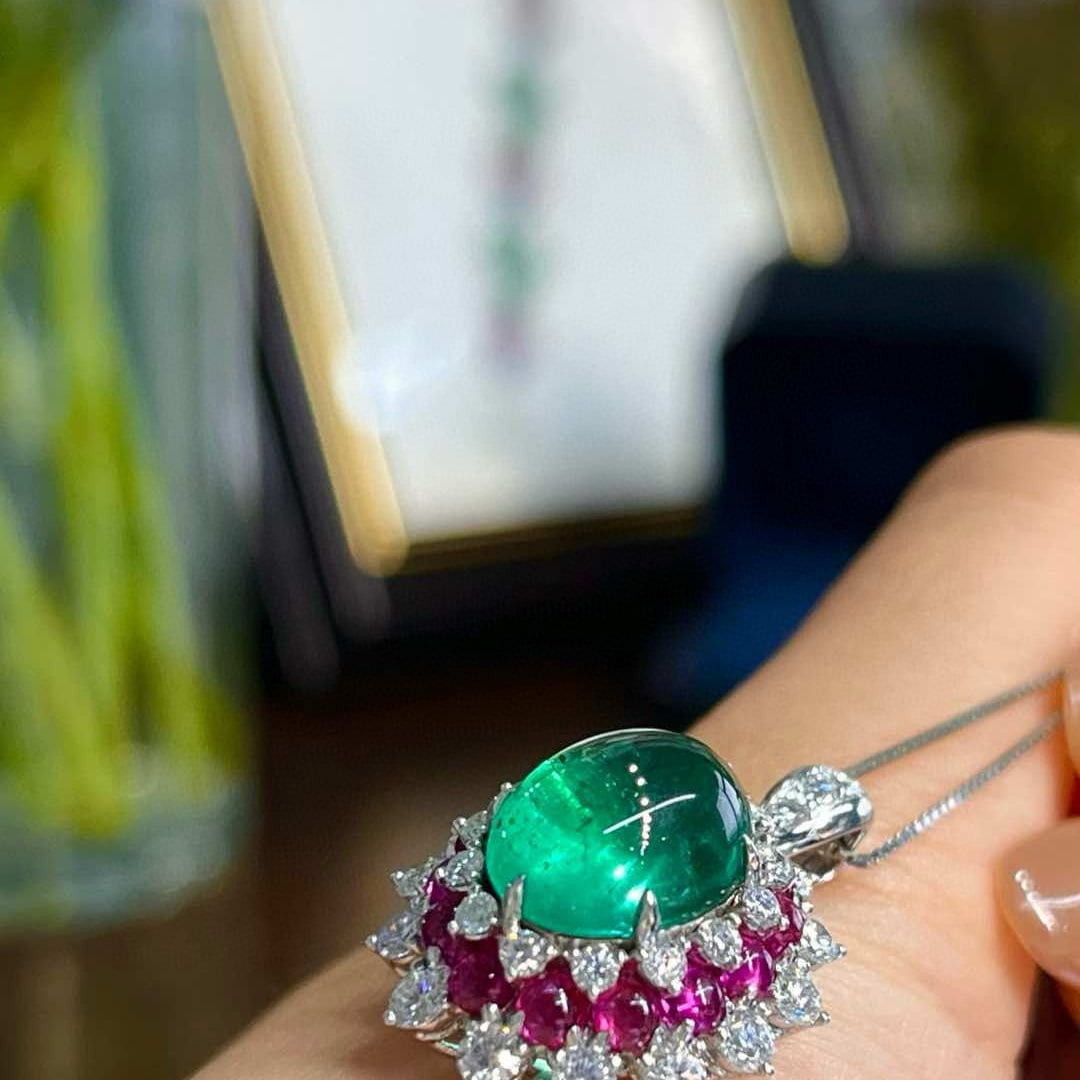 14k Gold 6.89 Ctw Vivid Green Natural Emerald & Spinel Pendant( Without Chain ) - 7