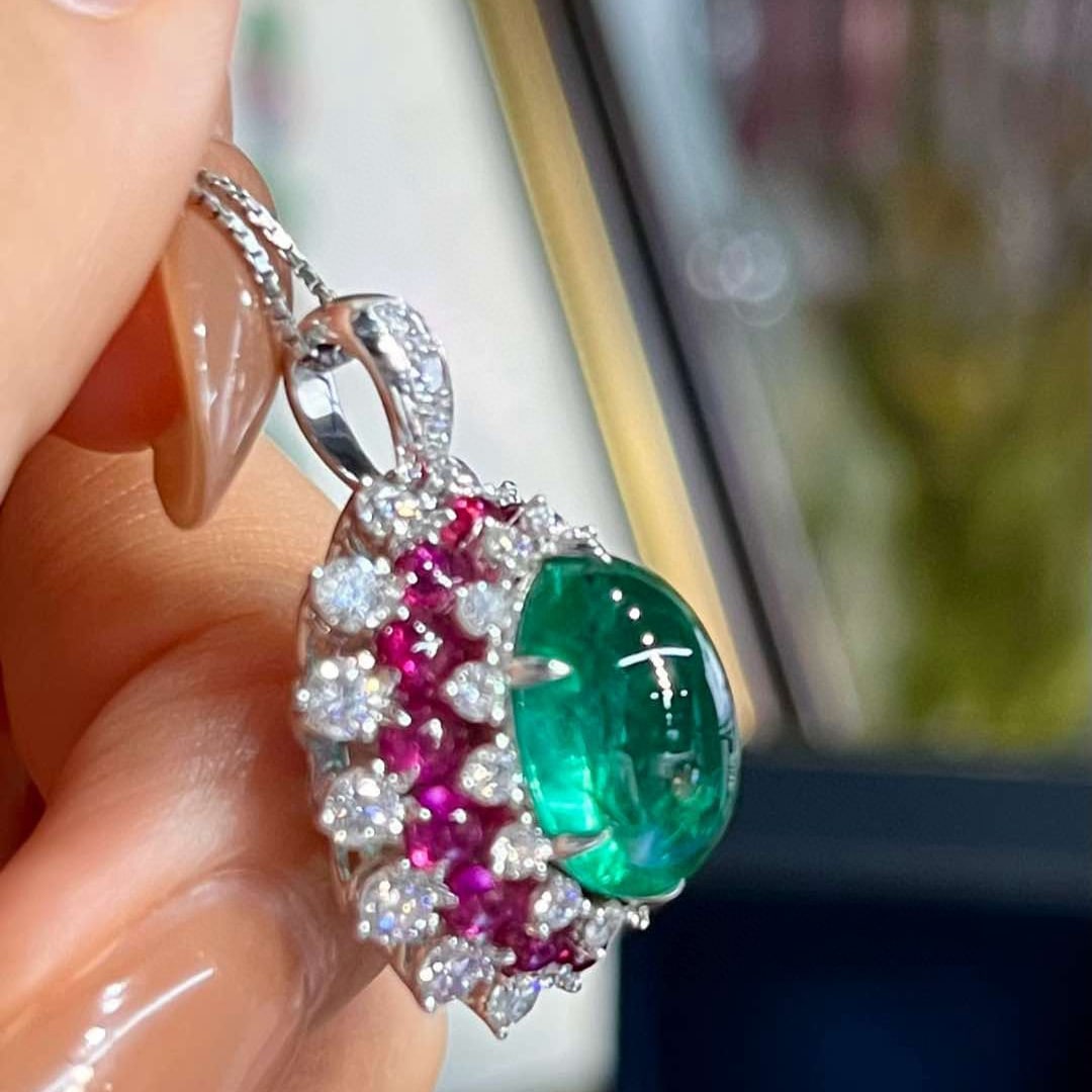 14k Gold 6.89 Ctw Vivid Green Natural Emerald & Spinel Pendant( Without Chain ) - 8