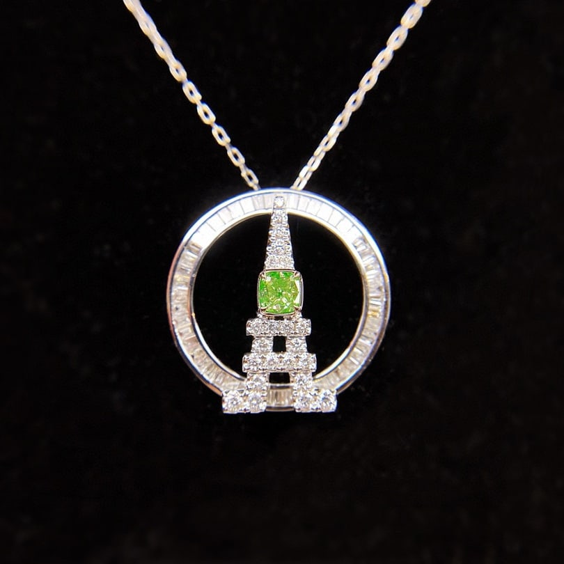 14k Gold 0.61 Ctw Natural Green Diamond & Diamond Pendant( Without Chain ): Ref:231062388 // gold content:14k gold // main gemstone:green diamond // shape:cushion // carat weight:0. 2ct // color:green // treatment:natural // // adjacent gemstone 2 : diamond //