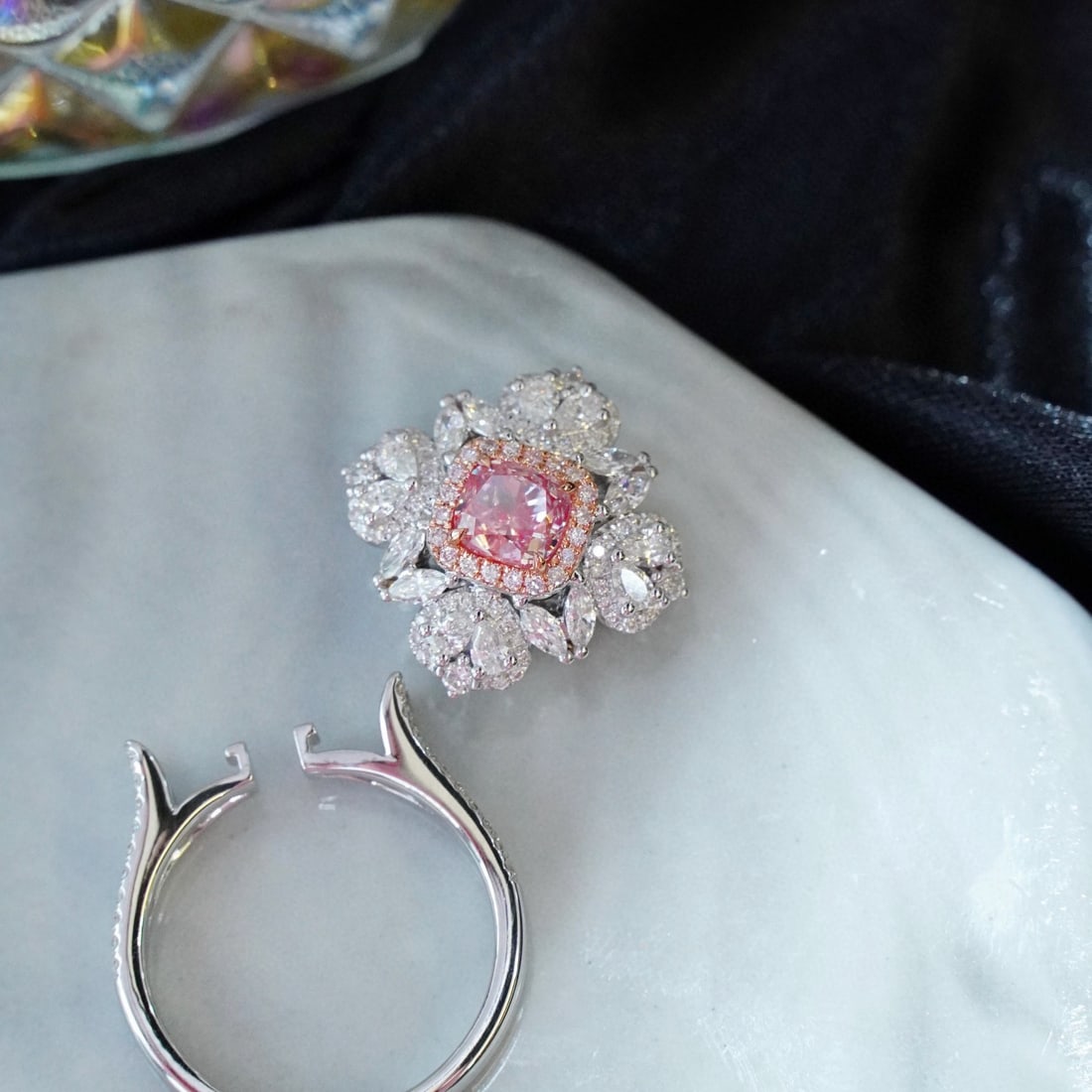 Gia Certified 14k Gold 2.03 Ctw Natural Pink Diamond & Diamond Ring/pendant( Without Chain ): Ref:231062402 // gold content:14k gold // ring size:7. 25us // // main gemstone:pink diamond // certified:gia // shape:cushion // carat weight:1. 01ct // clarity grade:si2 // color:pink //