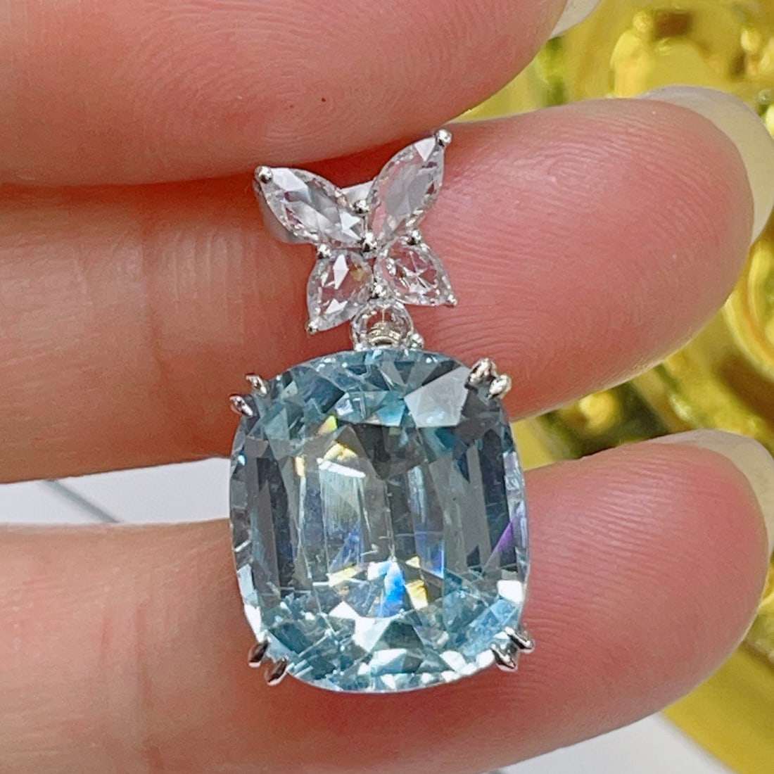14k Gold 7.9 Ct Natural Aquamarine & Sapphire Pendant( Without Chain ): Ref:231062409 // gold content:14k gold // main gemstone:aquamarine // shape:cushion // carat weight:7. 9ct // color:santa maria color // treatment:natural // // adjacent gemstone 2 : sapphire //