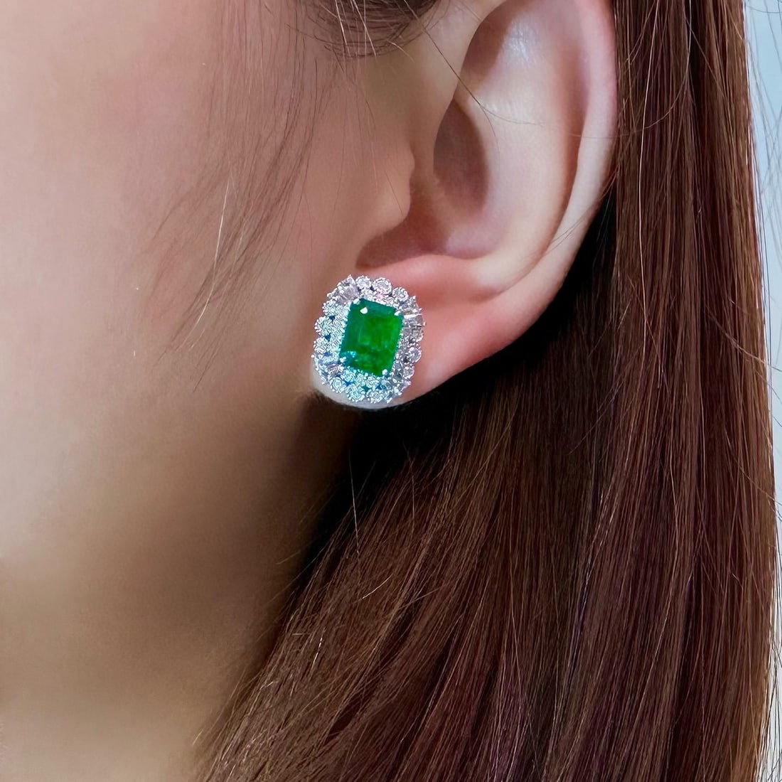 14k Gold 3.98 Ctw Vivid Green Natural Emerald & Diamond Earrings - 4