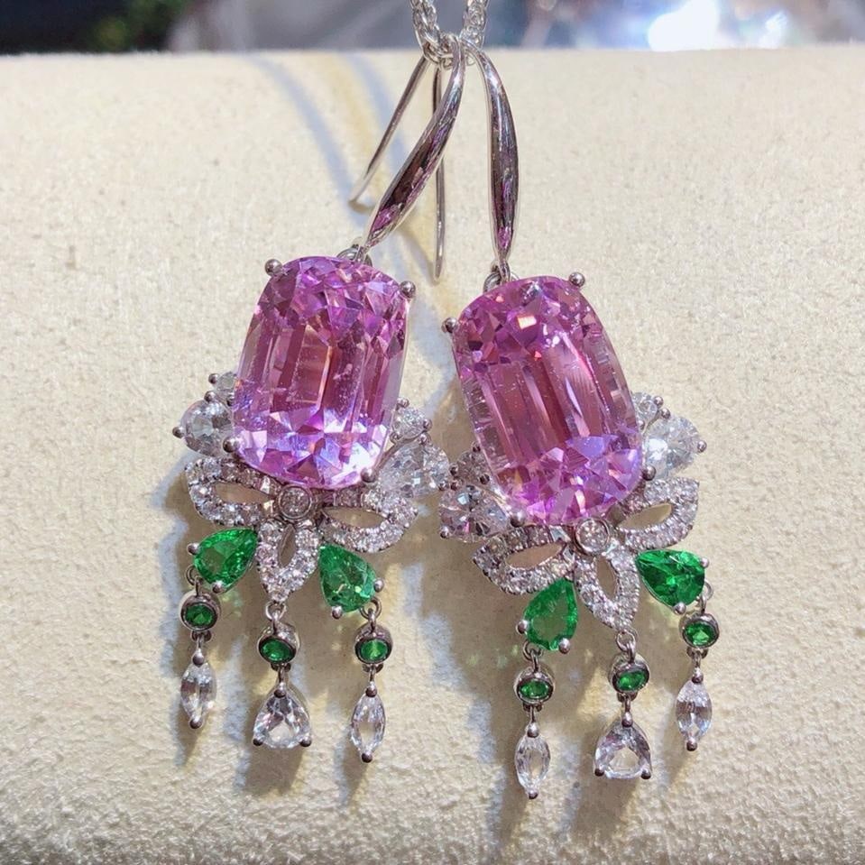 14k Gold 19.74 Ctw Natural Kunzite & Sapphire Earrings - 5