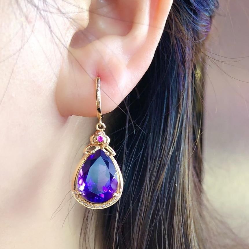 14k Gold 9.90 Ct Natural Amethyst & Diamond Earrings - 4