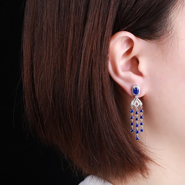 14k Gold 4.45 Ctw Natural Sapphire & Diamond Earrings - 5
