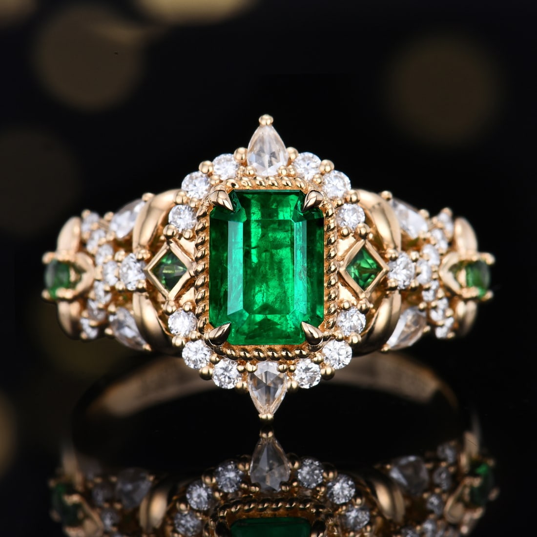 14k Gold 1.74 Ctw Vivid Green Natural Emerald & Diamond Ring: Ref:231191033 // gold content:14k gold // ring size:7. 25us // // main gemstone:emerald // shape:octagonal // carat weight:1. 3ct // color:vivid green // treatment:natural // // adjacent gemstone 2 : 