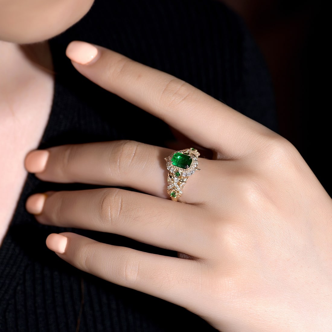14k Gold 1.74 Ctw Vivid Green Natural Emerald & Diamond Ring - 5