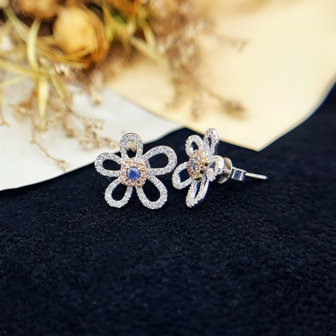 14k Gold 0.50 Ctw Natural Blue Diamond & Diamond & Flowers Earrings - 3