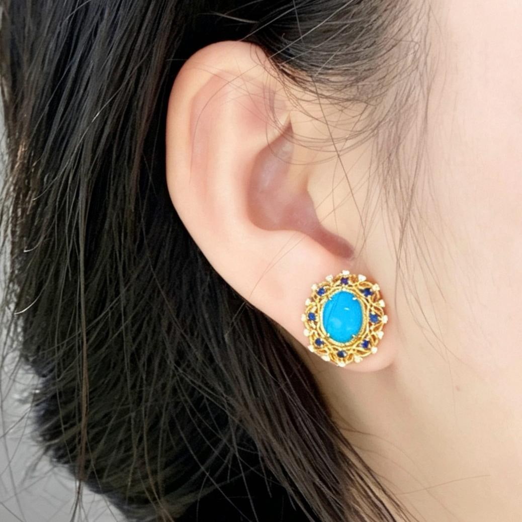 14k Gold 2.64 Ctw Natural Blue Turquoise & Diamond Earrings - 6