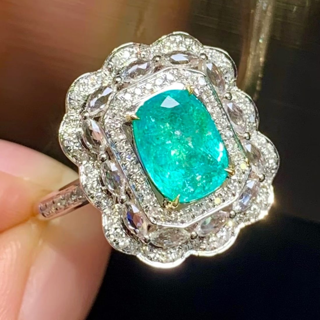 14k Gold 1.5 Ct Natural Paraiba Tourmaline & Diamond & Sapphire Ring: Ref:231191066 // gold content:14k gold // ring size:7. 25us // // main gemstone:paraiba tourmaline // shape:cushion // carat weight:1. 5ct // color:bluish green // treatment:natural // // adjacent gem