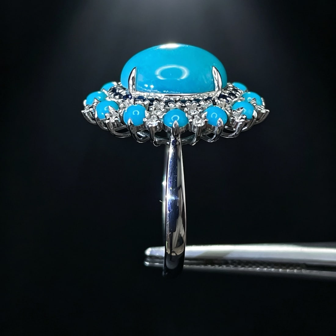 14k Gold 3.95 Ctw Natural Blue Turquoise & Diamond Ring - 4