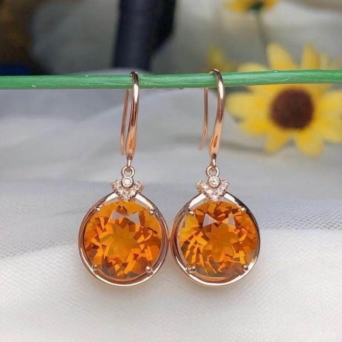 14k Gold 10.35 Ct Natural Citrine & Diamond Earrings: Ref:231191070 // gold content:14k gold // main gemstone:citrine // shape:round // carat weight:10. 35ct // color:yellow // treatment:natural // cut grade:g // // adjacent gemstone 2 : diamond //